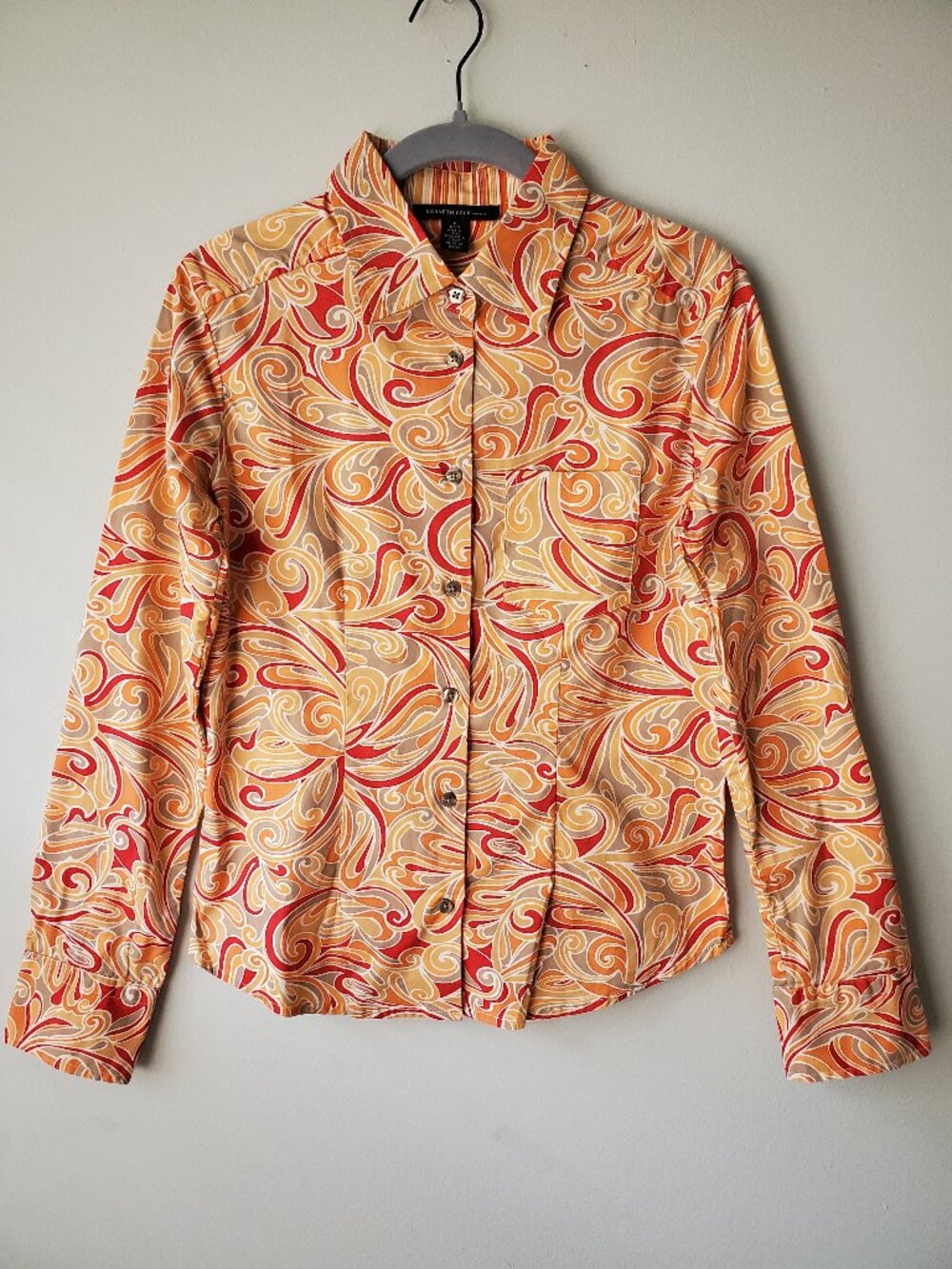 Kenneth Cole New York Button Down Shirt Orange Red Swirl Retro Boho 2